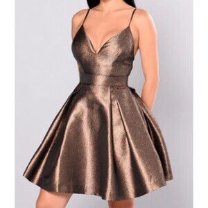 Fashion Nova Dress Medium Steal the Show Metallic Bronze Fit Flare Baby Doll New